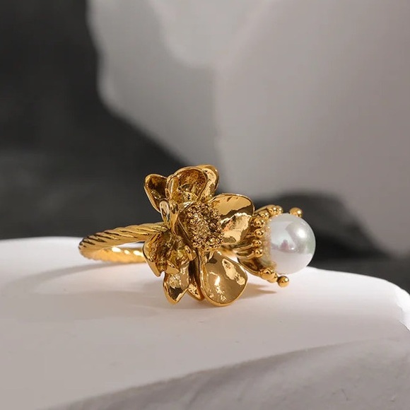 18K Gold Plated Flower Floral Ring*Open Ring*Pearl*Vintage Inspired Artsy*ML - Picture 4 of 8